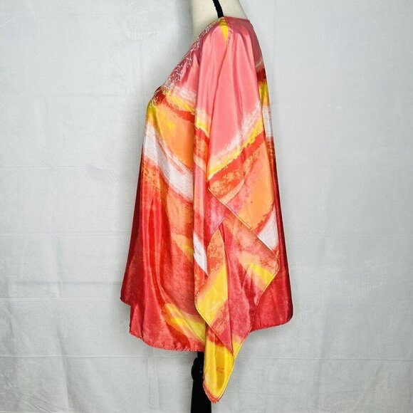 Chicos Sz S/M Overlay Bright Pink Orange Kimono Short Sleeve Poncho Satin - Picture 5 of 10
